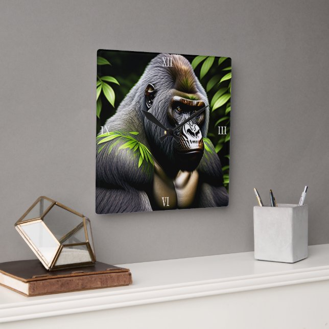 Horloge Carrée Superbe Gorille Argent - Jungle King (Bureau)