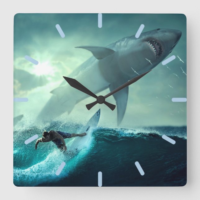 Horloge Carrée Surf avec requins (Recto)