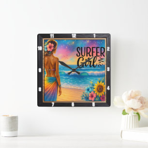 Horloge Carrée Surfer Girl Beach Sunset