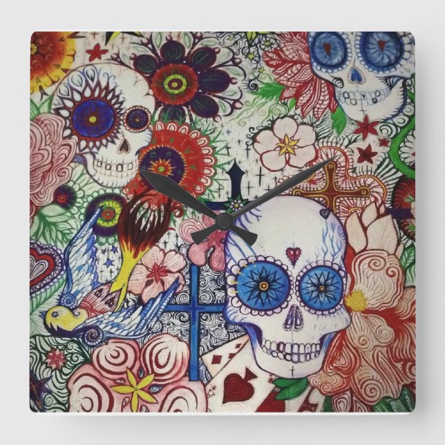 Horloge Carrée suskull day of the dead tattoo art cloture (Recto)