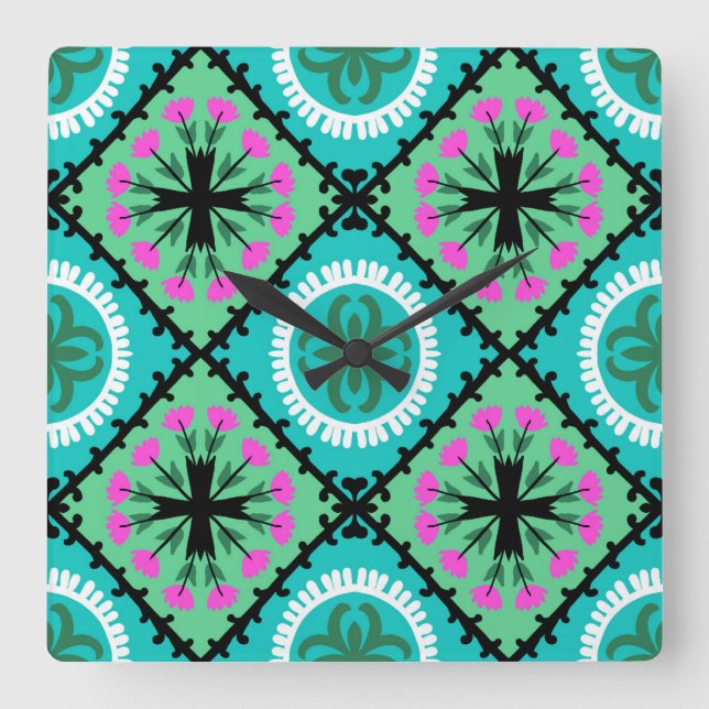 Horloge Carrée Suzani Motif aux motifs ouzbek et kazakh (Recto)