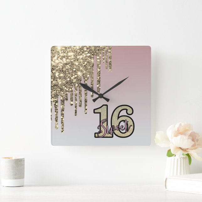 Horloge Carrée Sweet sixteen or rose rose pâle (Maison)