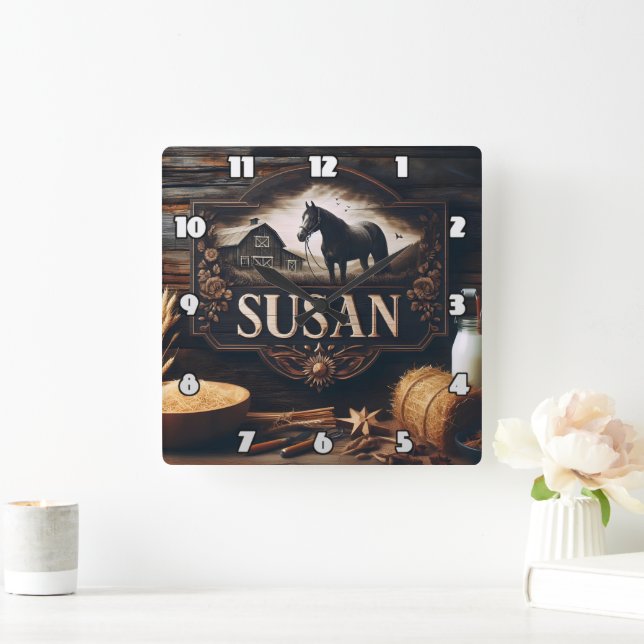 Horloge Carrée SYMBOLE DE LA FERME rustique Avec cheval et grange (Maison)