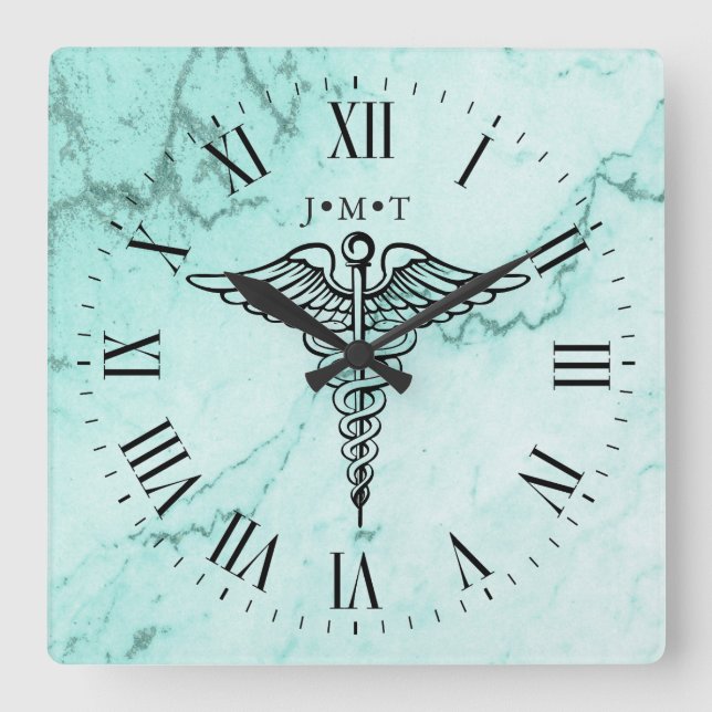 Horloge Carrée Symbole de Medical Caduceus Custom Initials Marble (Recto)