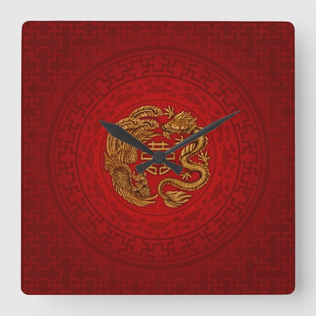 Horloge Carrée Symbole du Bonheur Double avec Phoenix et Dragon (Recto)
