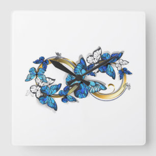 Horloge Carrée Symbole infini de papillons Morpho bleus