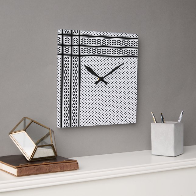 Horloge Carrée Symbole Keffiyeh de la Palestine Motif de résistan (Bureau)