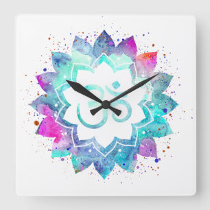 Horloge Carrée *~* Symbole Lotus OM AUM Fleur Aquarelle Mandala