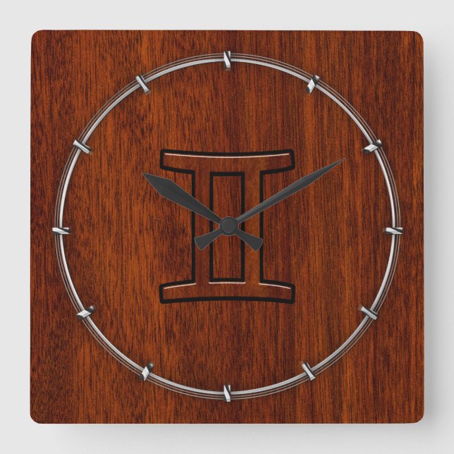 Horloge Carrée Symbole moderne Gemini Zodiac sur l'acajou comme i (Recto)