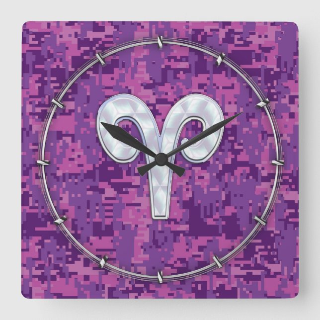 Horloge Carrée Symbole Pearl Like Aries sur Camo numérique rose (Recto)