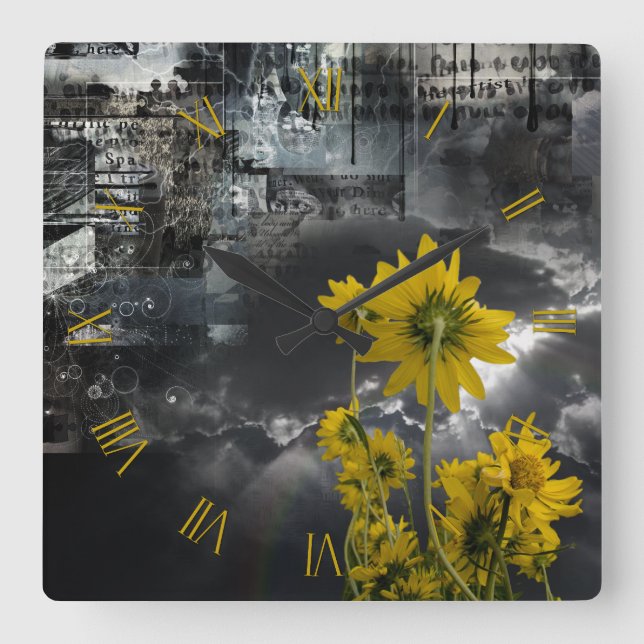 Horloge Carrée Symboles Abstraits et fleurs jaunes (Recto)
