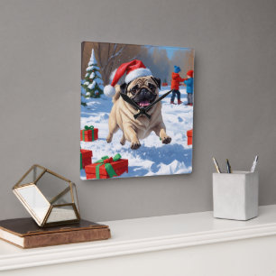 Horloge Carrée T Pug courant dans la neige avec un chapeau de Noë