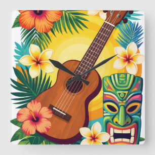 Horloge Carrée T-Shirt Vibes de Fête Tiki Ukulele Tropical Luau