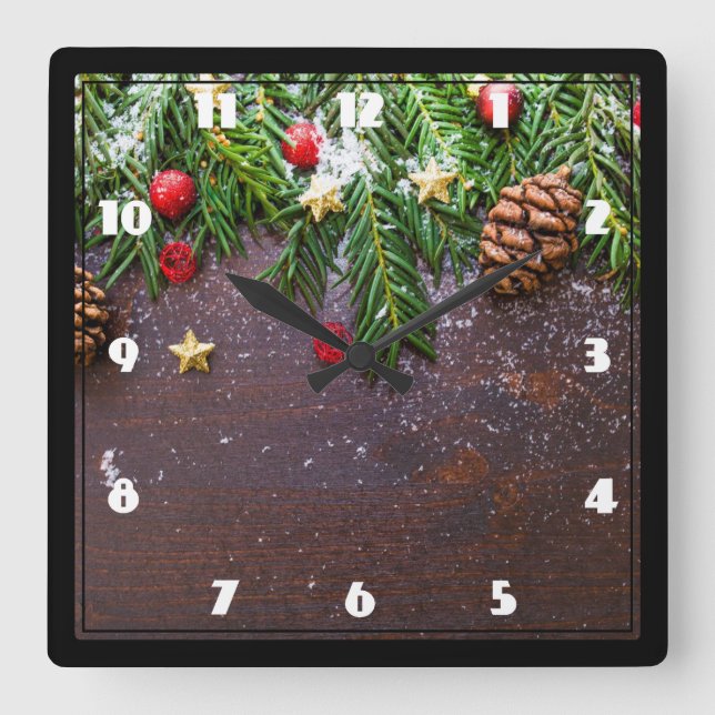 Horloge Carrée Table de Noël rustique avec pin et neige (Recto)