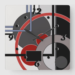 Horloge Carrée Tableau abstrait noir et rouge géométrique