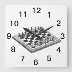 Horloge Carrée Tableau d'échecs et pièces d'échecs Art Vintage