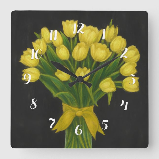 Horloge Carrée Tableau noir Tulipes jaunes (Recto)