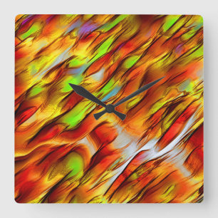 Horloge Carrée Tache jaune rouge et chromé, couleurs chaudes