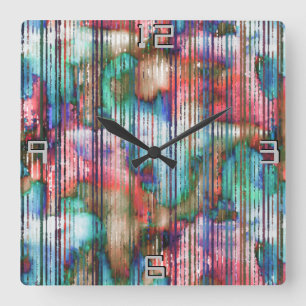 Horloge Carrée Taches colorées avec bandes déchirées, démangeaiso