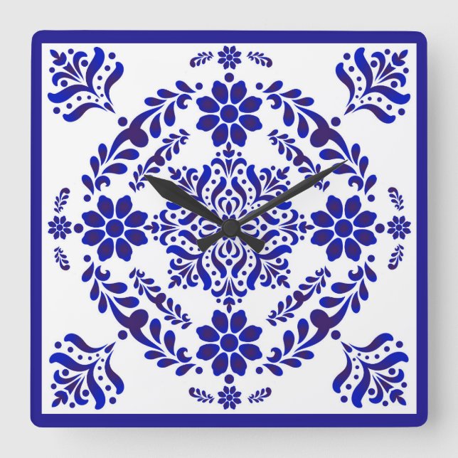 Horloge Carrée Talavera bleu et blanc Trois Carrés (Recto)