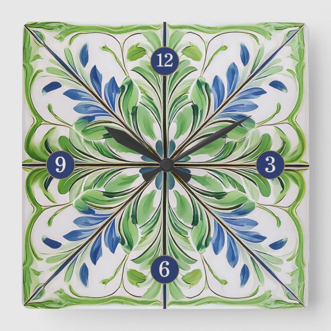Horloge Carrée Tapis floral peint No 14 Blue Green ID1078 (Recto)