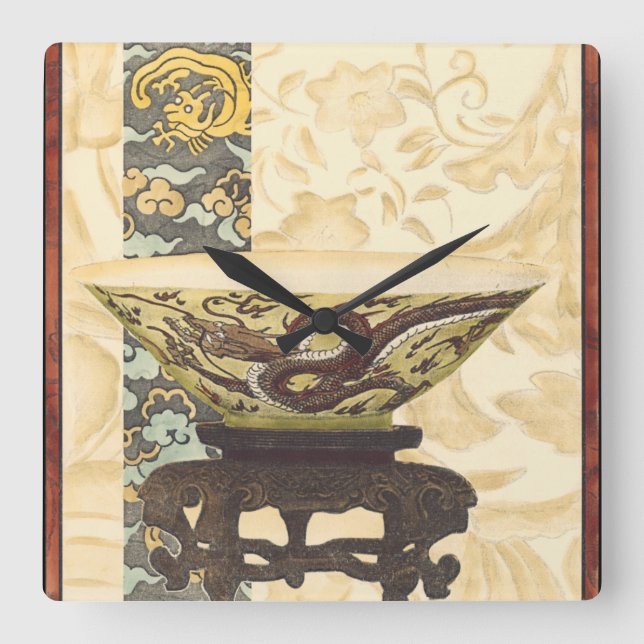 Horloge Carrée Tapisserie asiatique avec bol et design dragon (Recto)