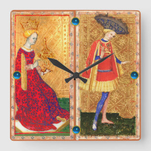 HORLOGE CARRÉE TAROTS ANCIENS/PAGE ET REINE DES COUPES