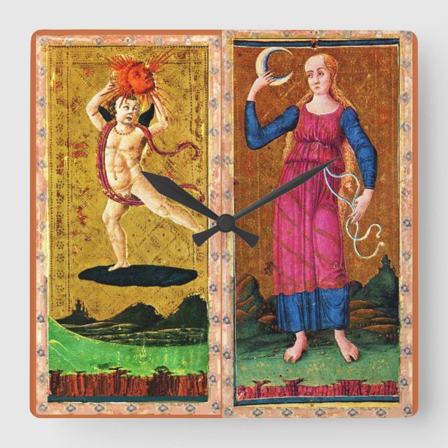 HORLOGE CARRÉE TAROTS DE RENAISSANCE ANTIQUE / LE SOLEIL ET LA LU (Recto)