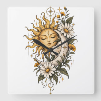 Horloge Carrée Tasse de café Soleil Lune Céleste Mystique et Flor