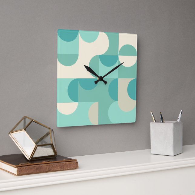 Horloge Carrée Taupe Beige Turquoise Blue Mint Cercles verts Moti (Bureau)
