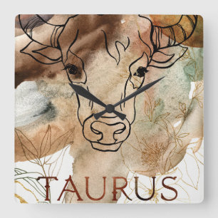 Horloge Carrée Taurus taureau brun or fleurs planètes astrologie