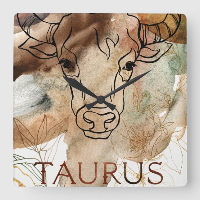 Horloge Carrée Taurus taureau brun or fleurs planètes astrologie (Recto)