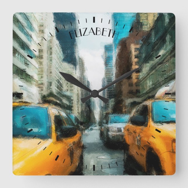 Horloge Carrée Taxi Jaune Après La Pluie À New York (Recto)