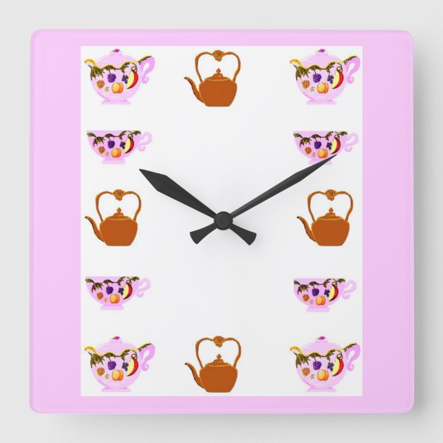 Horloge Carrée Teapot, Teacup, And Copper Teakettle Square Wall C (Recto)