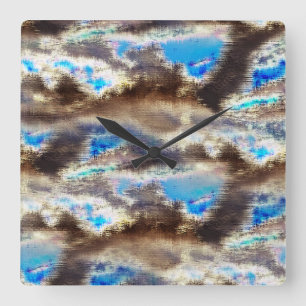 Horloge Carrée Teinte bleue et brune dans un bois brut
