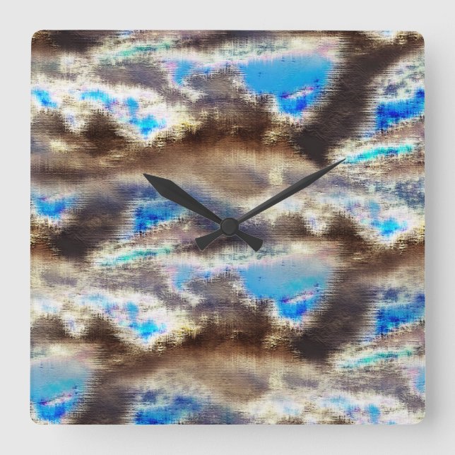 Horloge Carrée Teinte bleue et brune dans un bois brut (Recto)