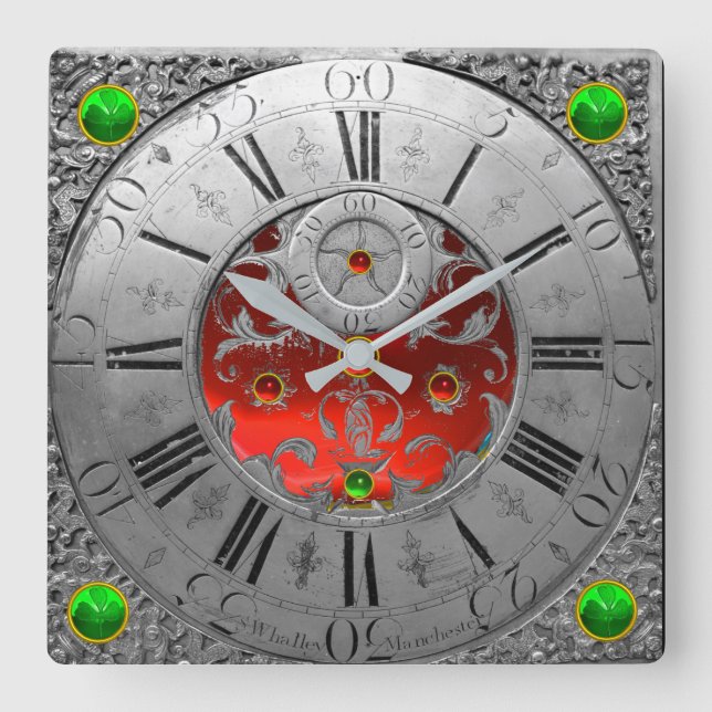 Horloge Carrée Temps antique, Shamrocks, Ruby Gemstones Argent (Recto)