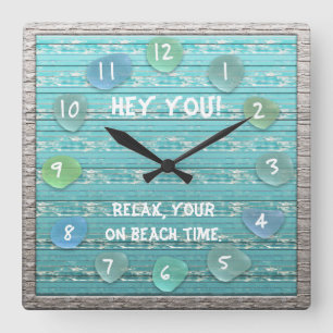 Horloge Carrée Temps en verre de plage d'océan de regard de bois
