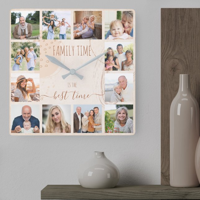 Horloge Carrée Temps famille Formes Abstraites Photo neutre (Family time is the best time photo clock with 12 photos for your home or photo gift for parents)