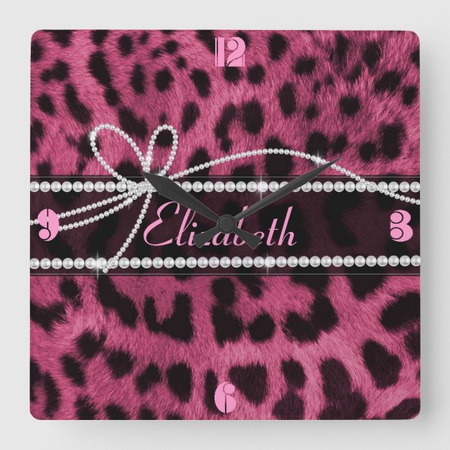 Horloge Carrée Tendance chic ceinturon rose chaud léopard (Recto)