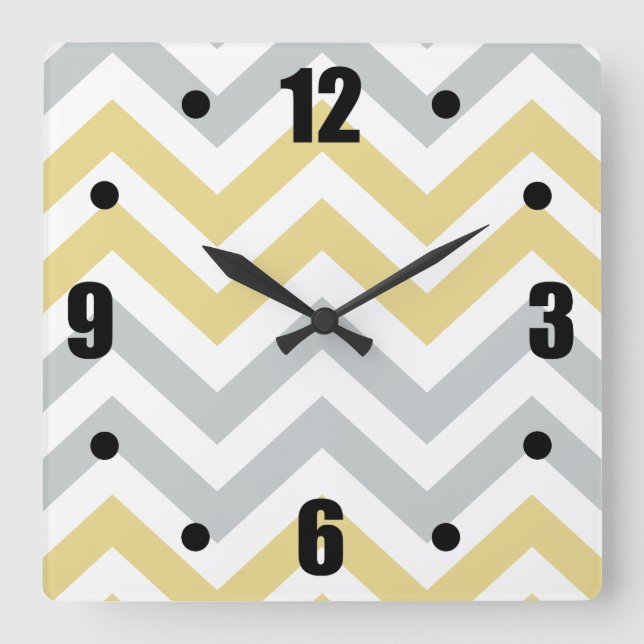 Horloge Carrée Tendance Motif Chevron Jaune Et Gris (Recto)