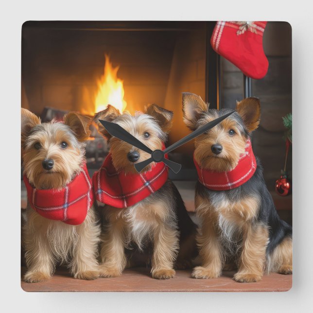 Horloge Carrée Terrier australien près du feu Noël (Recto)
