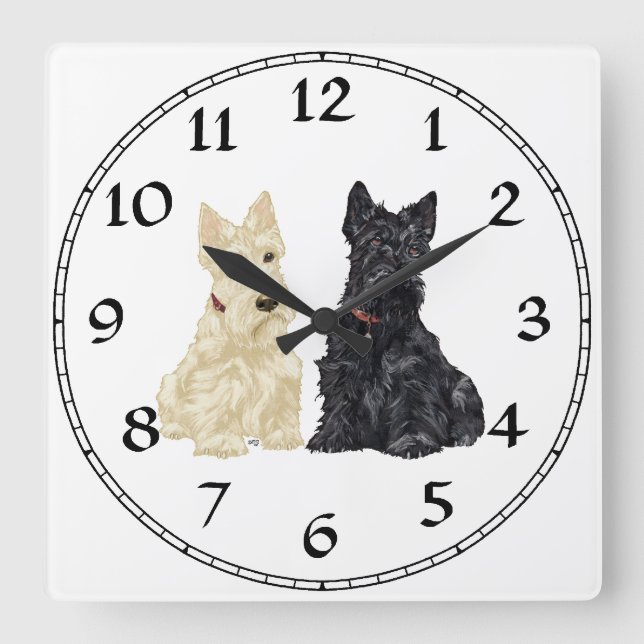 Horloge Carrée Terriers écossais blonds comme les blés et noirs (Recto)