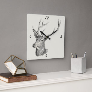 Horloge Carrée Tête de cerf Buck avec Antlers Chasse Dessin