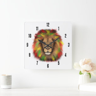 Horloge Carrée Tête de lion Rasta rouge jaune vert dessin Jamaïqu