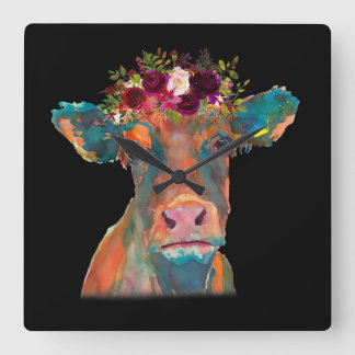 Horloge Carrée Tête de vache couleur aquarelle | Cadeaux de vache
