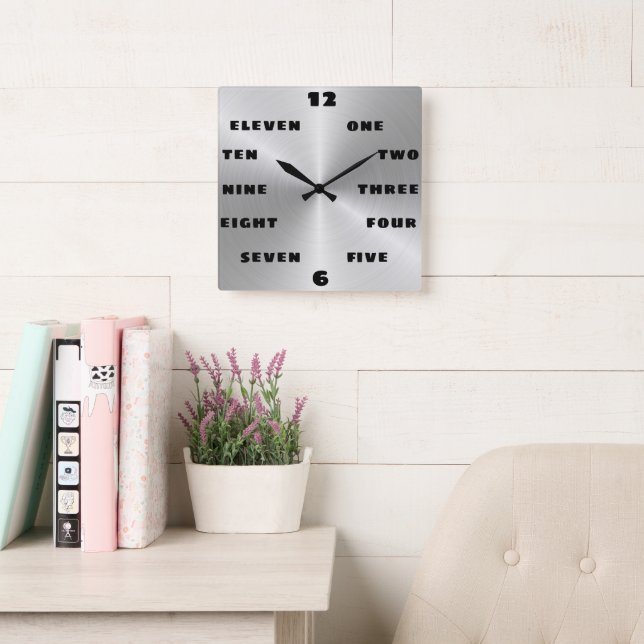 Horloge Carrée Tête numérique en acier brossé moderne (Salle de lecture)