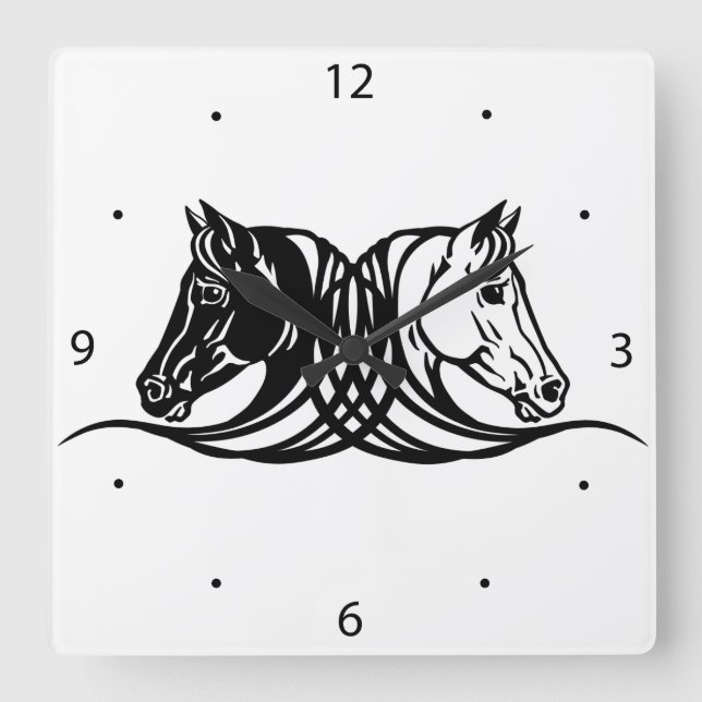 Horloge Carrée têtes de chevaux noirs et blancs (Recto)