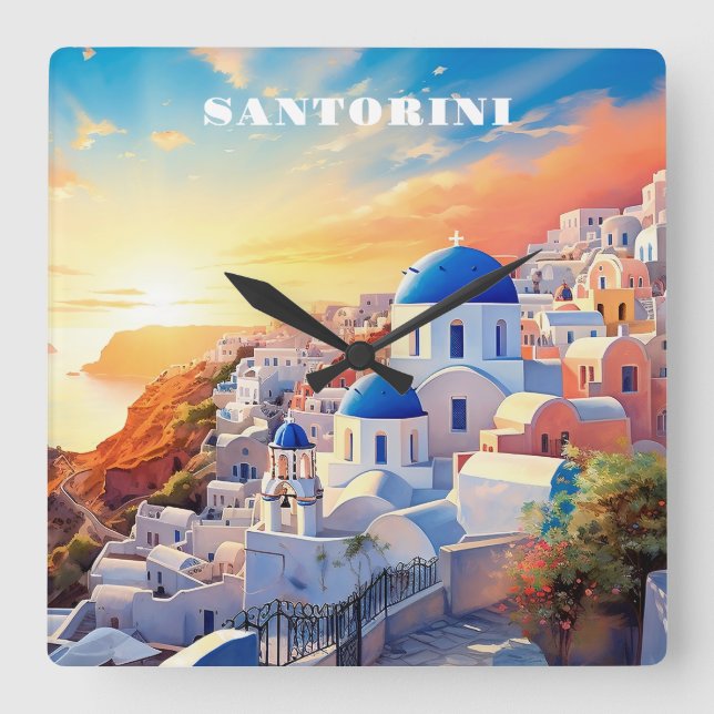 Horloge Carrée Texte personnalisé Coucher de soleil Santorin Grèc (Recto)
