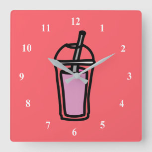 Horloge Carrée Thé au lait Bubble Tea adolescente fille rose